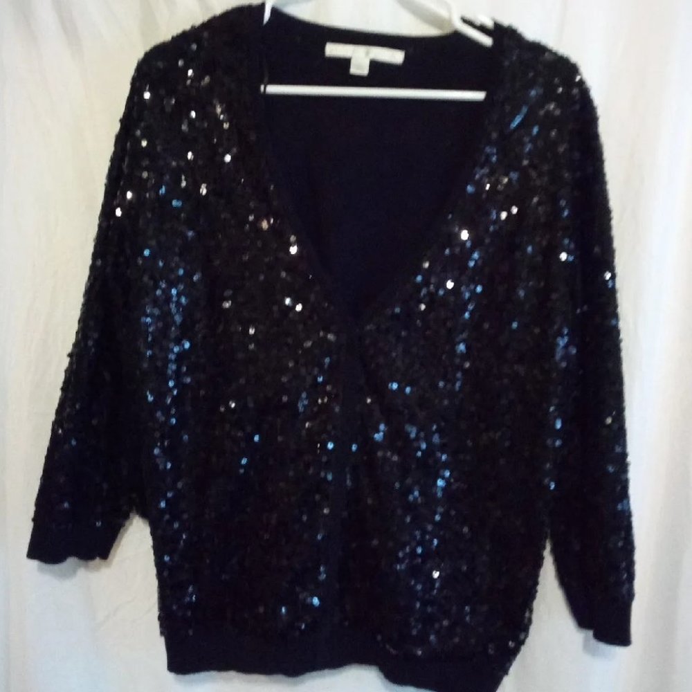 Formal Cocktail Holiday Black Sequin Cardigan Snap Closure Size L